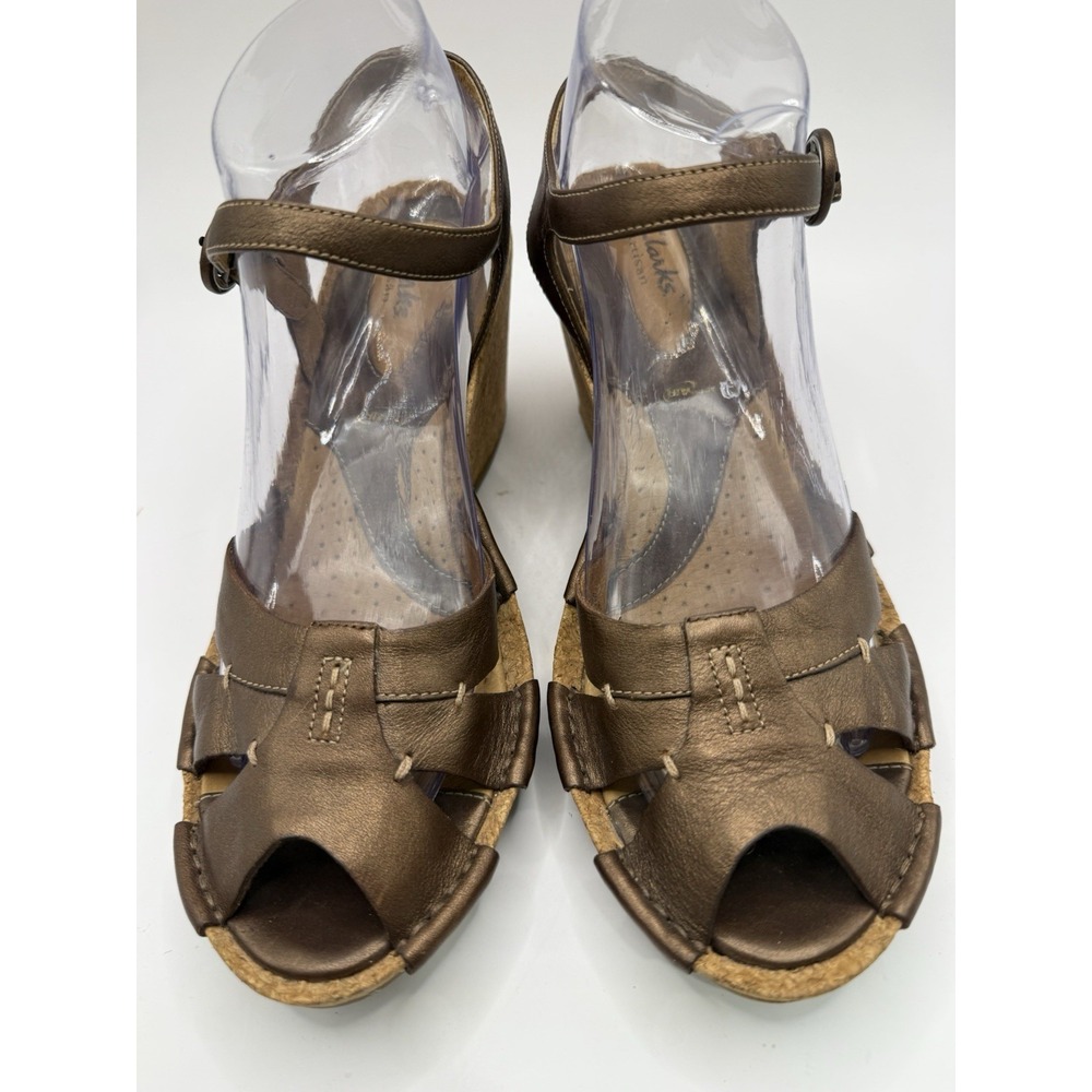 Clarks Artisan Alameda Womens Bronze Metallic Leather Cork Wedge‎ Sandal 8.5M